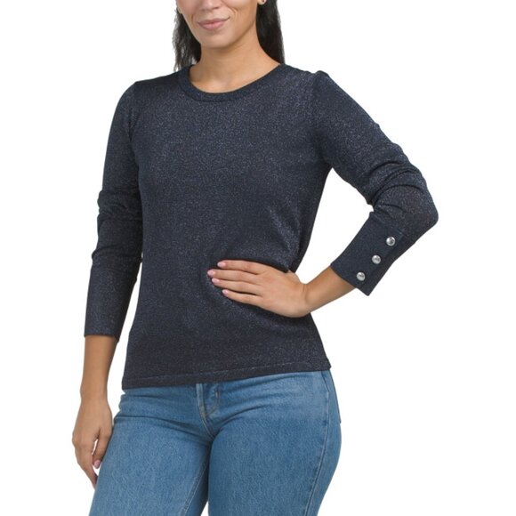 ELIE TAHARI DARK NAVY Long Sleeve Crew Neck Metallic Sweater With Button Cuffs - Picture 1 of 2